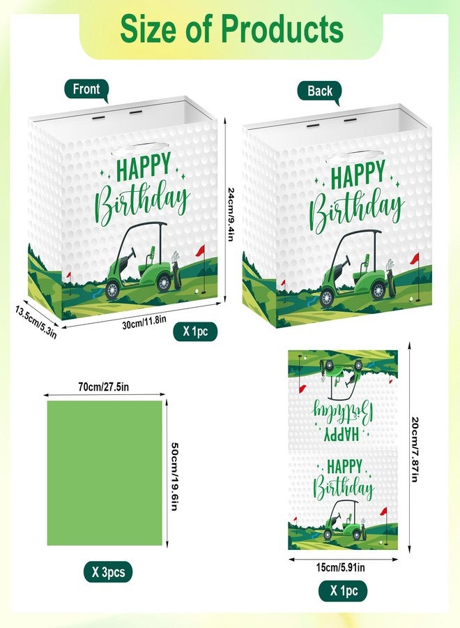 Wxiben حقيبة هدايا عيد ميلاد Wxiben Golf - زينة حفلات عيد ميلاد سعيد للرجال والأولاد، حقيبة تغليف هدايا الحفلات باللونين الأخضر والأبيض مع مقبض وبطاقة معايدة مناديل ورقية، لوازم زينة بطابع الجولف - Image 2